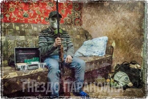 russian preppers in paranoid nest with a gun